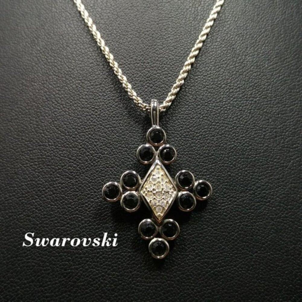 Swarovski Black Clear Rhinestone Pendant Necklace, Rhodium Plate, Swan Logo, 18"